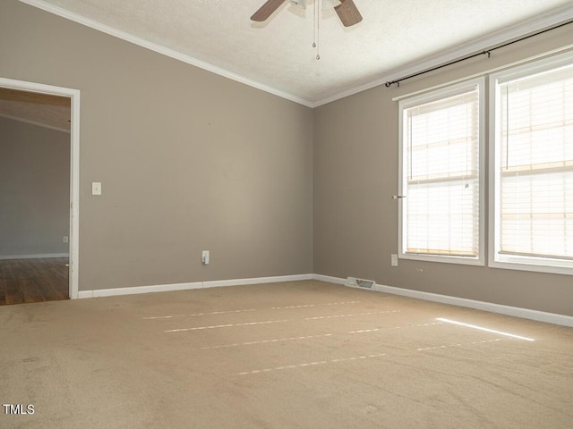 empty room featuring a textured ceiling, ceiling fan, and carpet floors