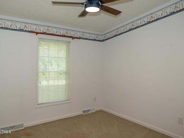 empty room featuring a textured ceiling, ceiling fan, and carpet