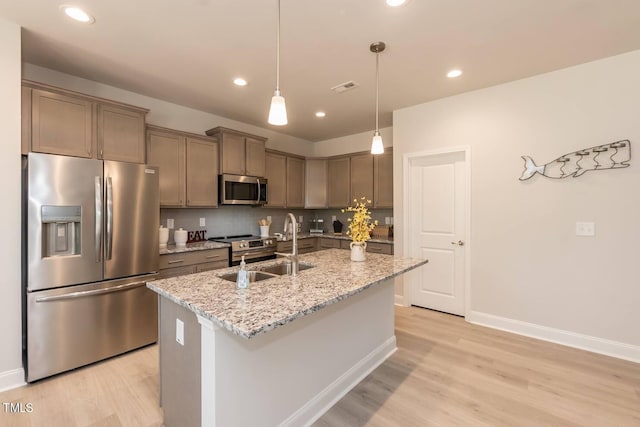 kitchen featuring a sink, visible vents, appliances with stainless steel finishes, decorative backsplash, and light wood finished floors