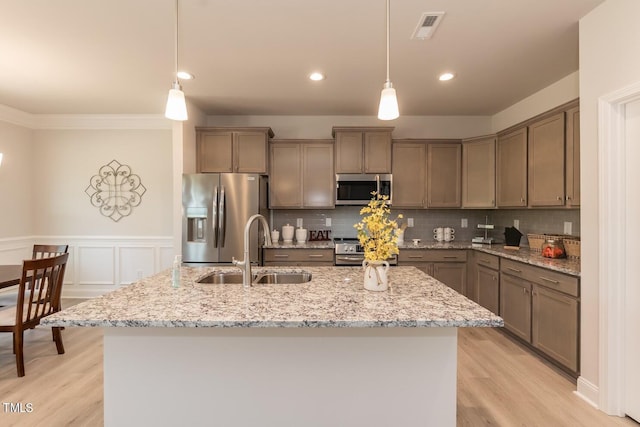 kitchen with light wood finished floors, tasteful backsplash, visible vents, appliances with stainless steel finishes, and a sink