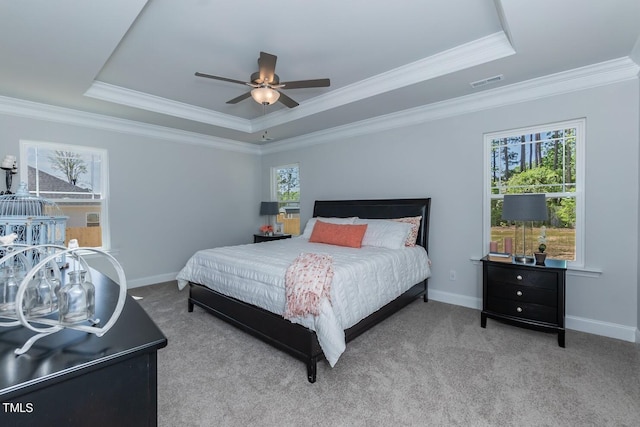 bedroom featuring carpet floors, a raised ceiling, and visible vents