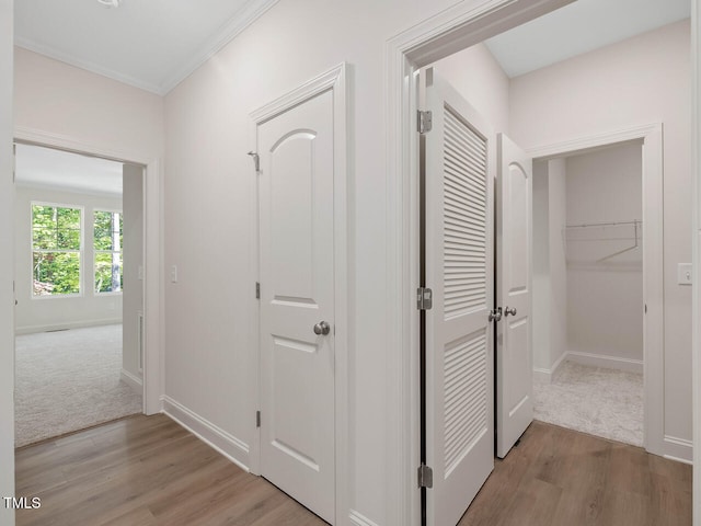 corridor with light colored carpet, light wood-style floors, baseboards, and ornamental molding