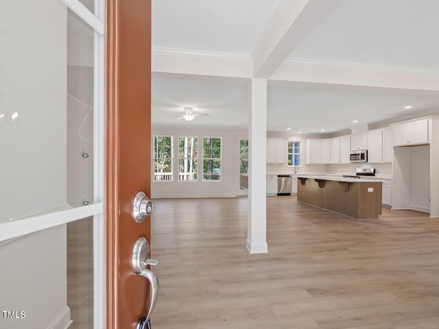 interior space with ornamental molding, light wood-type flooring, and ceiling fan