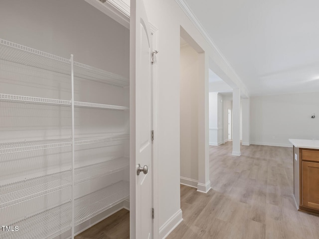 corridor featuring crown molding and light wood-type flooring