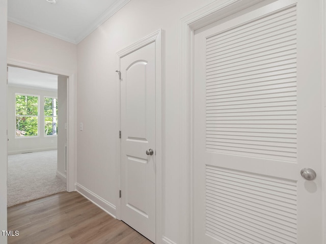 hall featuring ornamental molding and light wood-type flooring