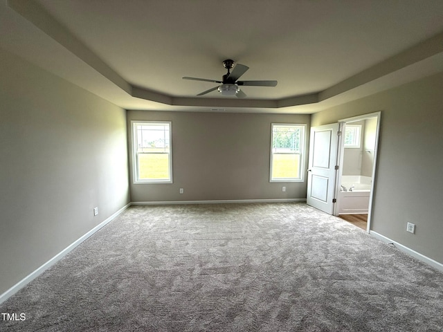 carpeted spare room with a raised ceiling, ceiling fan, and a wealth of natural light