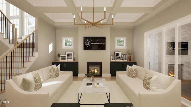 living room with coffered ceiling, a chandelier, and beamed ceiling