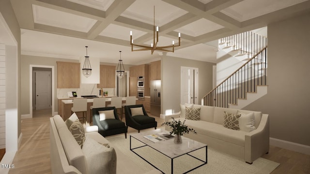 living room featuring coffered ceiling, an inviting chandelier, light hardwood / wood-style flooring, ornamental molding, and beam ceiling