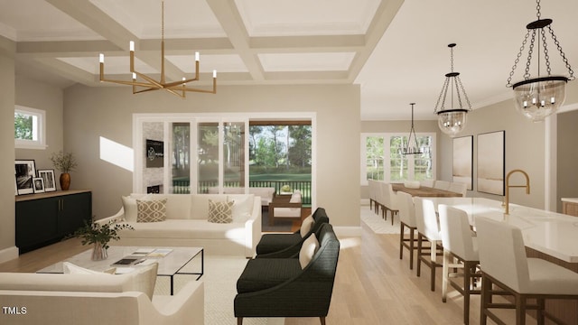 living room featuring light hardwood / wood-style flooring, an inviting chandelier, beam ceiling, coffered ceiling, and ornamental molding