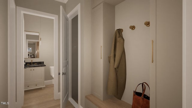 mudroom with sink and light wood-type flooring