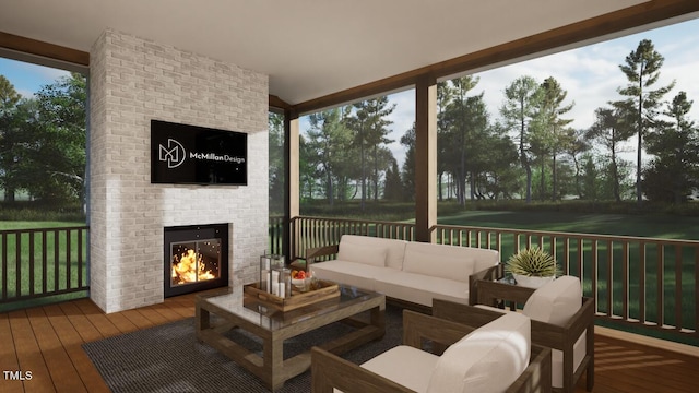 sunroom featuring an outdoor brick fireplace