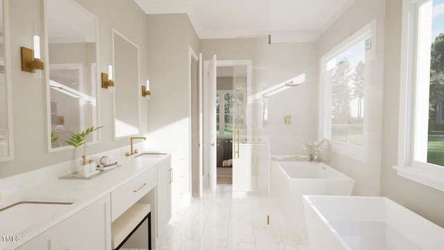 bathroom featuring vanity and independent shower and bath