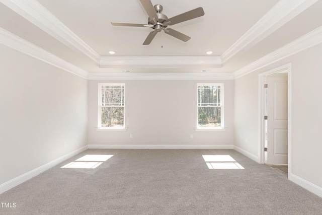 carpeted spare room featuring ornamental molding, ceiling fan, and a tray ceiling