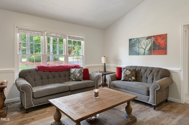 living room with wood-type flooring and vaulted ceiling