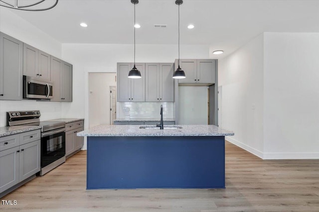 kitchen featuring sink, stainless steel appliances, and a center island with sink