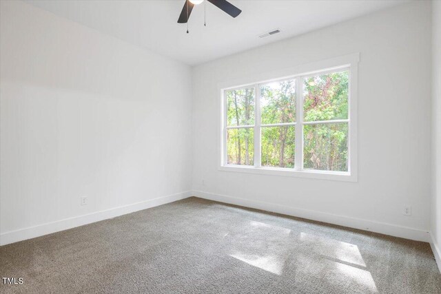 unfurnished room with ceiling fan and carpet