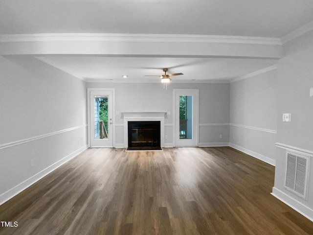 1432 Quarter Pt, Raleigh, NC 27615 - unfurnished living room with a fireplace with flush hearth, healthy amount of natural light, dark wood-type flooring, and crown molding