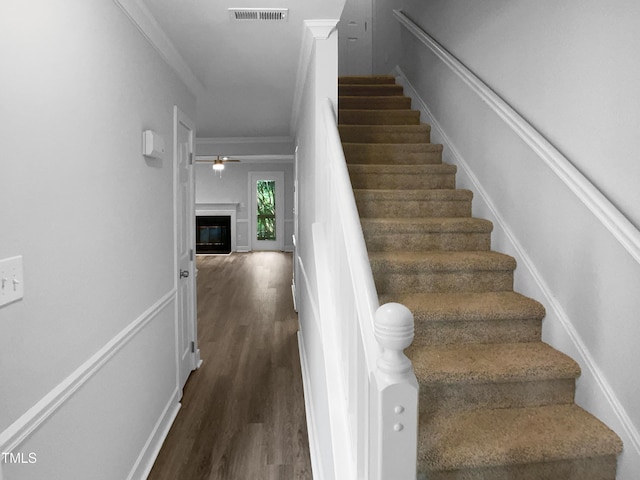 1432 Quarter Pt, Raleigh, NC 27615 - stairway with wood finished floors, crown molding, a ceiling fan, and a glass covered fireplace