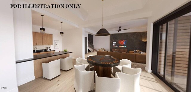 dining space featuring ceiling fan, baseboards, light wood finished floors, stairway, and a tray ceiling