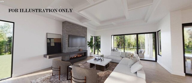 living room featuring light hardwood / wood-style floors, coffered ceiling, and a fireplace