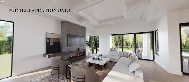 living area with coffered ceiling, a fireplace, baseboards, and wood finished floors