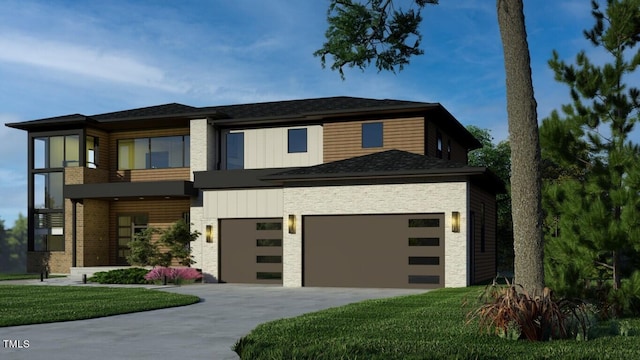 view of front facade featuring a garage, stone siding, board and batten siding, and concrete driveway