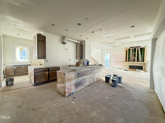 kitchen with a healthy amount of sunlight and a fireplace