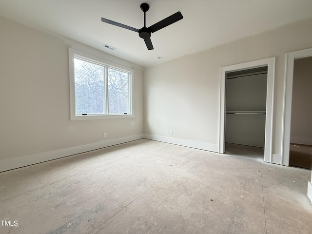 unfurnished bedroom with a ceiling fan, a closet, visible vents, and baseboards