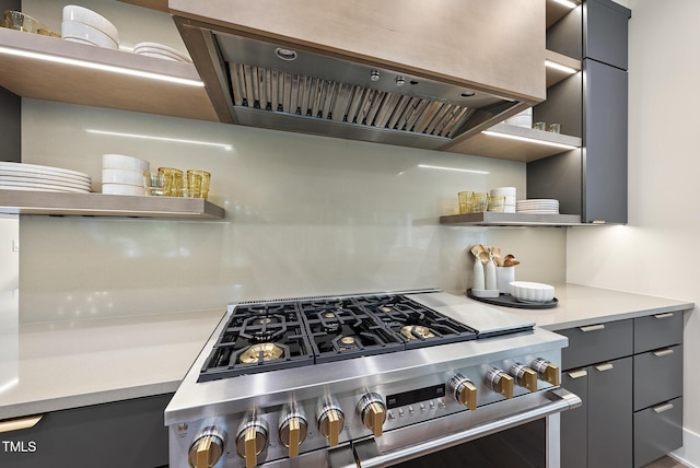 4123 Rockingham Dr, Raleigh, NC 27609 - kitchen featuring high end stainless steel range, open shelves, gray cabinets, ventilation hood, and light countertops