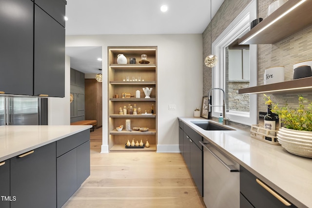 4123 Rockingham Dr, Raleigh, NC 27609 - kitchen featuring open shelves, stainless steel appliances, a sink, light wood-type flooring, and modern cabinets