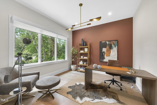 4123 Rockingham Dr, Raleigh, NC 27609 - home office with wood finished floors, baseboards, and recessed lighting
