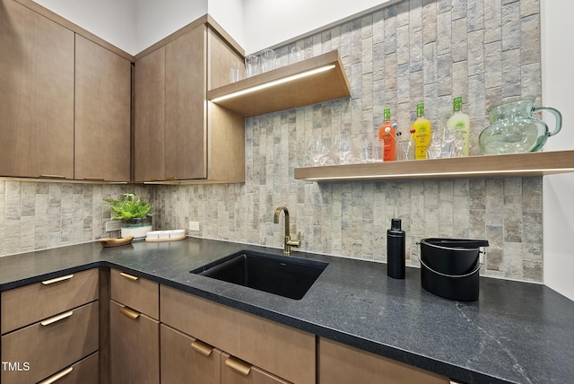 4123 Rockingham Dr, Raleigh, NC 27609 - kitchen with a sink, open shelves, and decorative backsplash