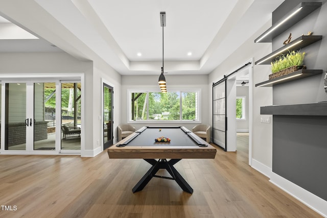 4123 Rockingham Dr, Raleigh, NC 27609 - recreation room with healthy amount of natural light, billiards table, baseboards, light wood-style flooring, and recessed lighting