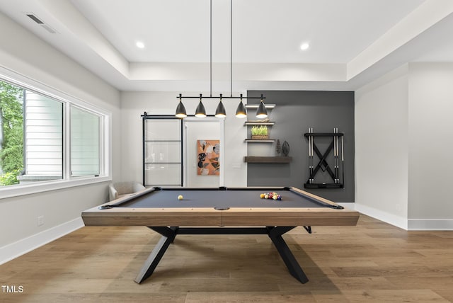 4123 Rockingham Dr, Raleigh, NC 27609 - playroom with baseboards, wood finished floors, billiards table, a raised ceiling, and recessed lighting
