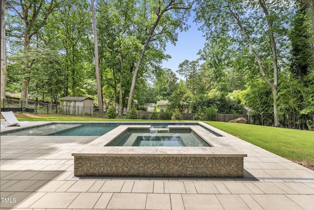 4123 Rockingham Dr, Raleigh, NC 27609 - view of pool featuring an in-ground hot tub, a patio area, and view of wooded area