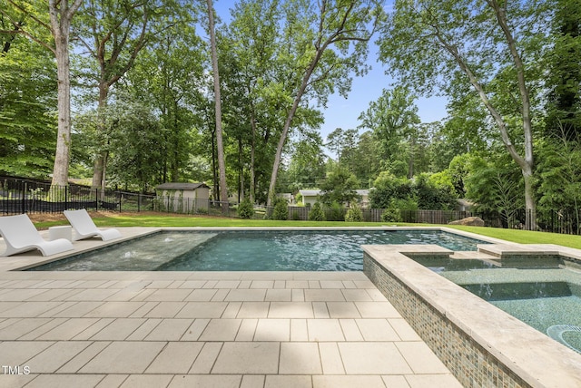 4123 Rockingham Dr, Raleigh, NC 27609 - view of pool with a patio area, view of wooded area, and a pool with connected hot tub