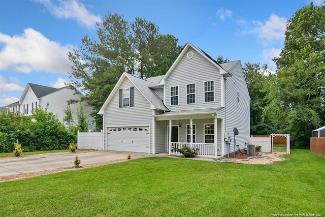 view of front property featuring a garage, a porch, a front lawn, and central air condition unit