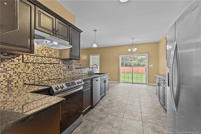 kitchen featuring stainless steel appliances, sink, light tile patterned flooring, hanging light fixtures, and backsplash