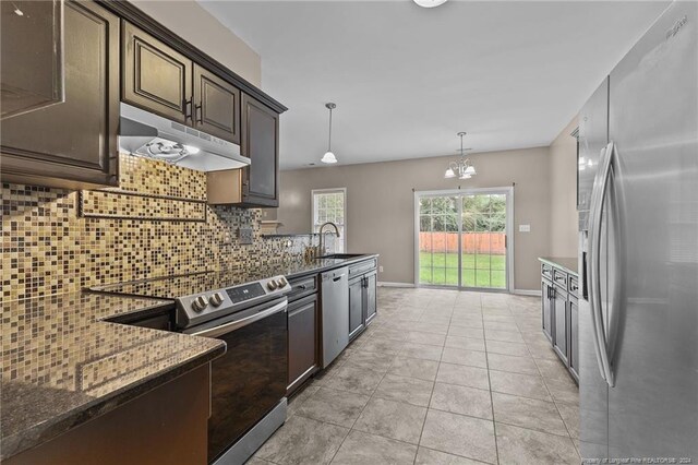 kitchen with sink, decorative light fixtures, appliances with stainless steel finishes, dark stone countertops, and decorative backsplash