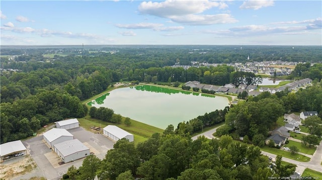 60 Hunters Way, Angier, NC 27501 - aerial view featuring a water view, a wooded view, and a residential view