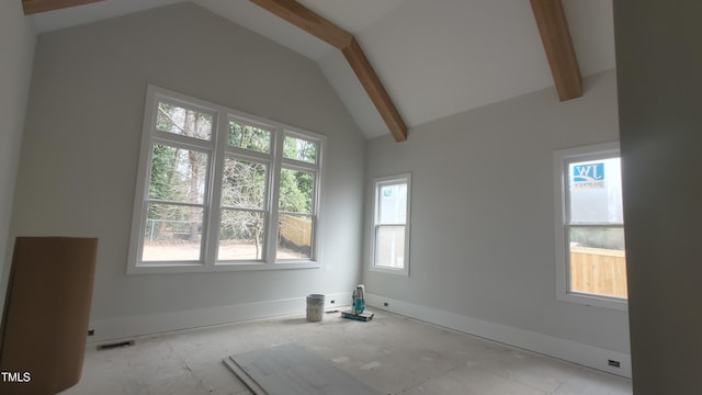 unfurnished room with lofted ceiling with beams and visible vents