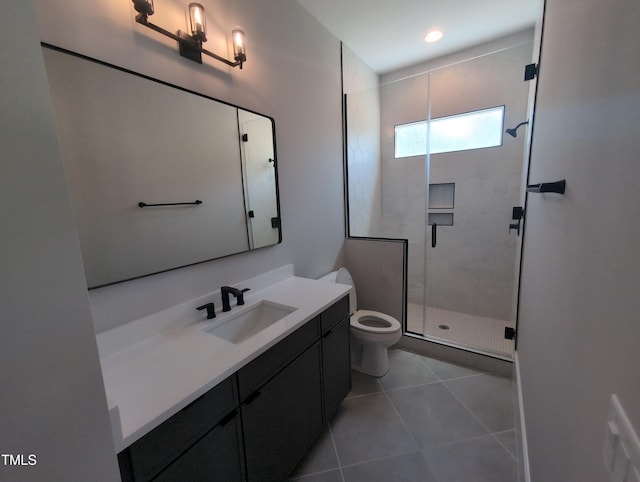 full bathroom with recessed lighting, tile patterned flooring, toilet, vanity, and a stall shower