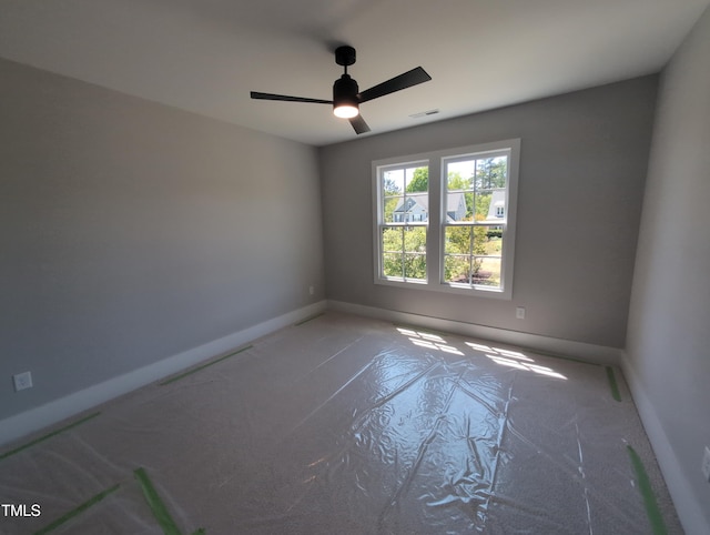 unfurnished room featuring ceiling fan, baseboards, and visible vents