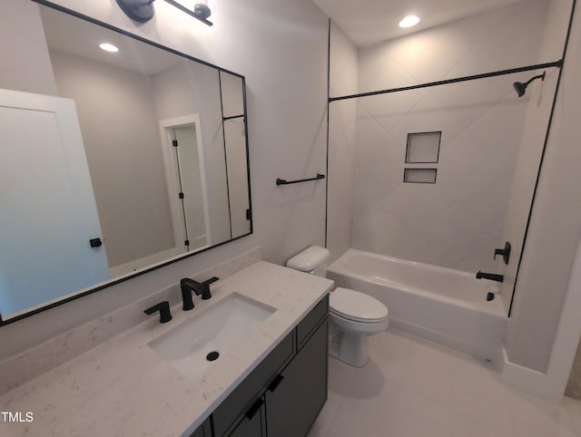 bathroom featuring recessed lighting, tile patterned flooring, shower / bathtub combination, toilet, and vanity