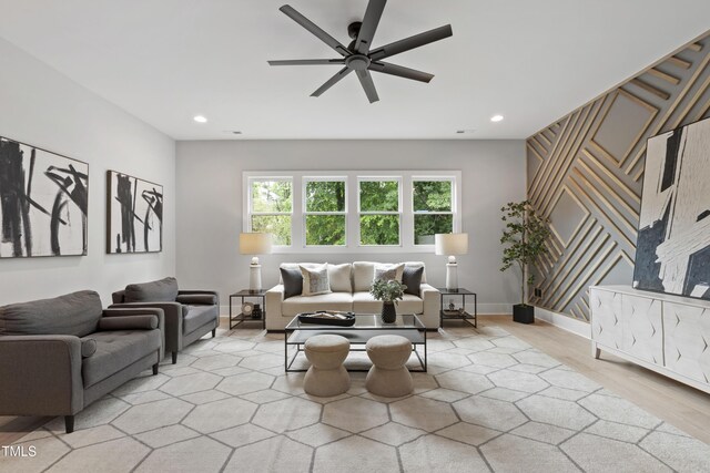 5812 Shawood Dr, Raleigh, NC 27609 - living room featuring recessed lighting, a ceiling fan, and baseboards