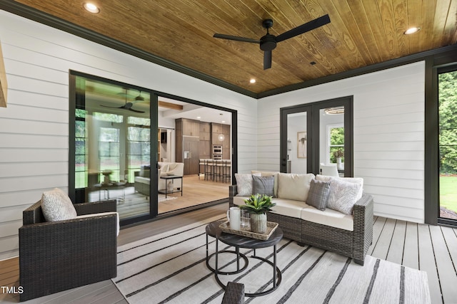 5812 Shawood Dr, Raleigh, NC 27609 - wooden deck with an outdoor living space, ceiling fan, and french doors