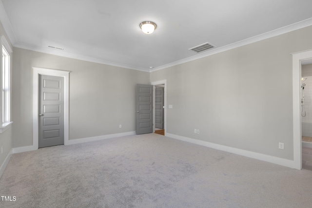 interior space with multiple windows, ornamental molding, and carpet flooring