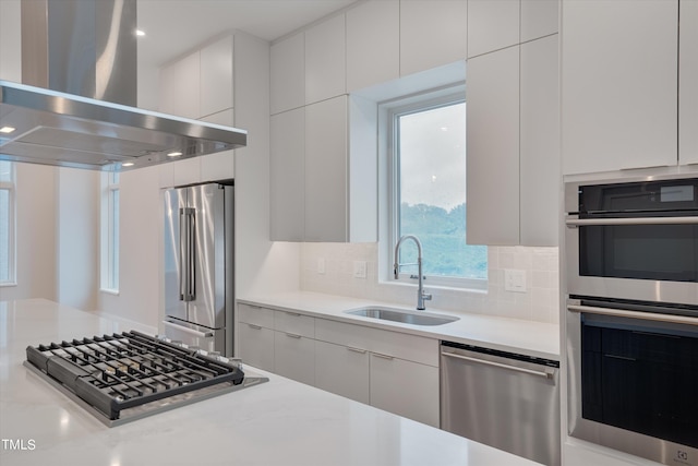 kitchen with white cabinets, stainless steel appliances, sink, wall chimney range hood, and tasteful backsplash