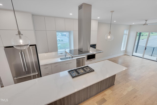 kitchen featuring hanging light fixtures, light hardwood / wood-style flooring, appliances with stainless steel finishes, white cabinetry, and ceiling fan