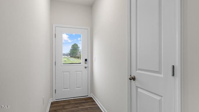 doorway to outside with dark wood-style flooring and baseboards